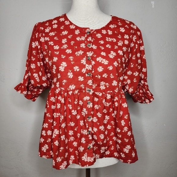 Madewell Red Floral Peplum Baby Doll Top Size Small - Picture 1 of 11